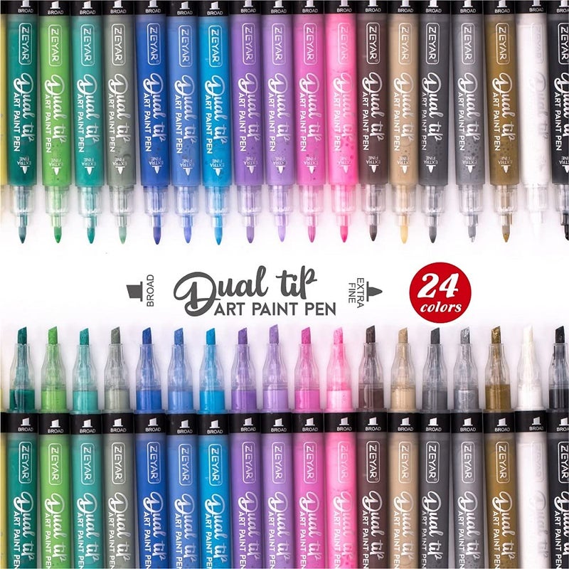 ZEYAR Dual Tip Acrylic Paint Pens 24 Colors, Board and Extra Fine Tips, Patented Product, AP Certified, Waterproof Ink, Works on Rock, Wood, Glass, Metal, Ceramic and More (24 Colors) - Image 2